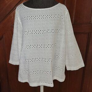 Liz Claiborne Womens XL Eyelet 3/4 Sleeve Top White 100% Cotton Round Neck